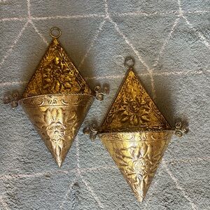 Ornate Gold Metal Wall Planter Pair